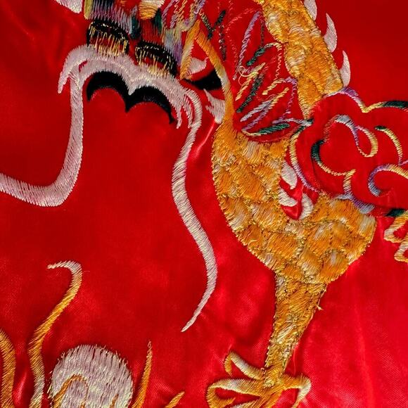 Vintage Red Satin Dragon Robe Short Kimono Aloha Hawaii Embroidered Rayon S - Picture 9 of 13